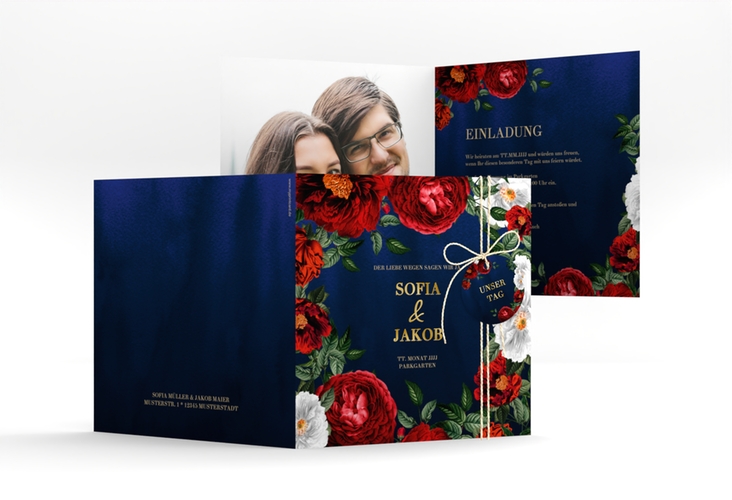 Einladungskarte Hochzeit Florista quadr. Klappkarte blau gold