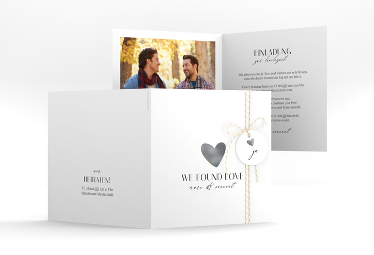 Hochzeitseinladung Liebesbote quadr. Klappkarte bunt silber
