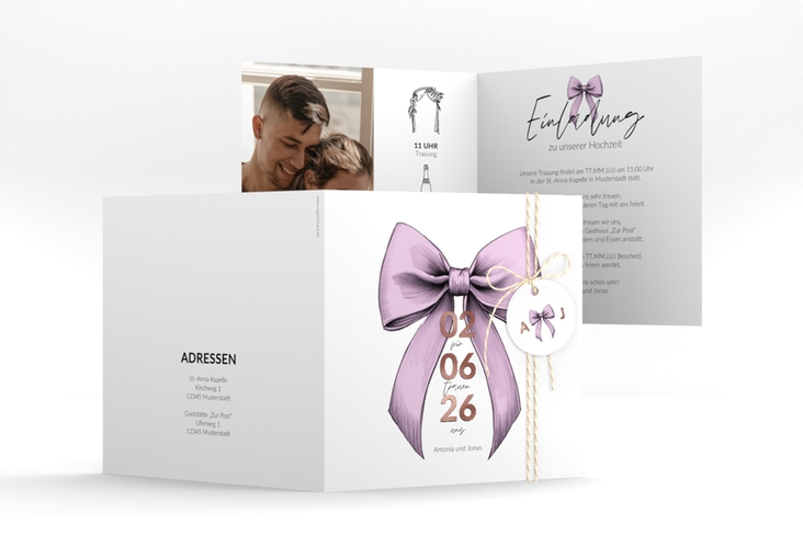Hochzeitseinladung Schleife quadr. Klappkarte rosa rosegold