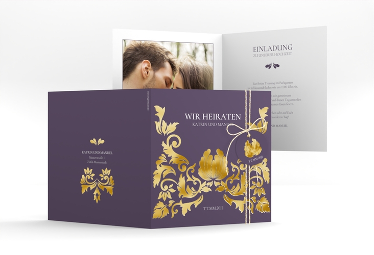 Hochzeitseinladung Royal quadr. Klappkarte lila gold mit barockem Blumen-Ornament