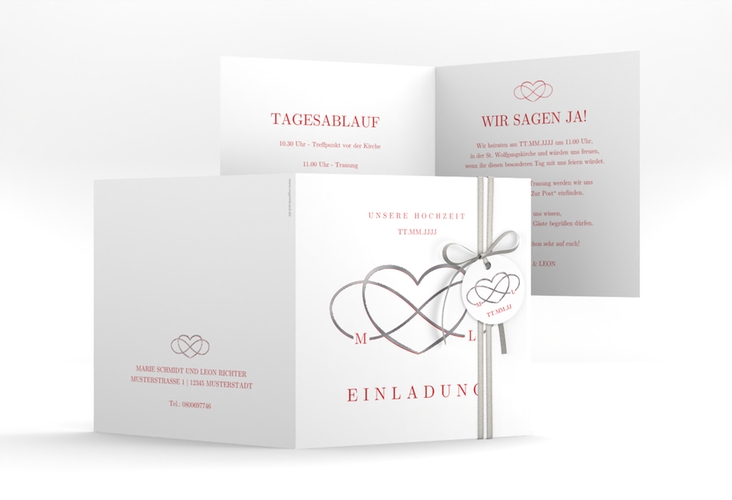 Hochzeitseinladung Infinity quadr. Klappkarte rot silber