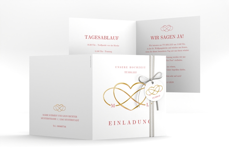 Hochzeitseinladung Infinity quadr. Klappkarte rot gold