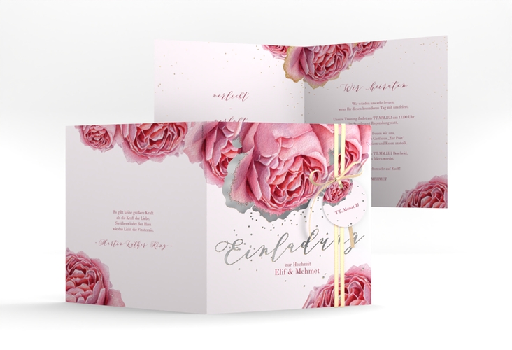 Hochzeitseinladung Cherie quadr. Klappkarte rosa silber