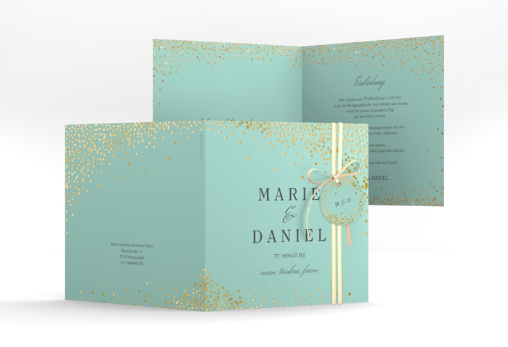 Hochzeitseinladung Glitter quadr. Klappkarte mint gold