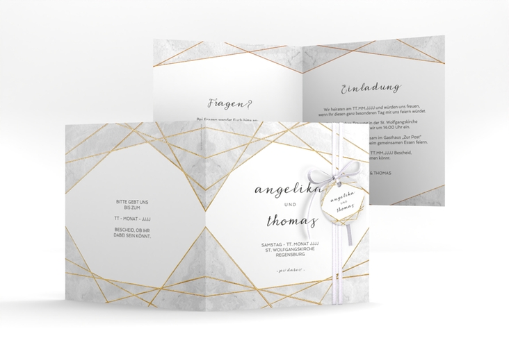 Hochzeitseinladung Asymmetry quadr. Klappkarte grau gold