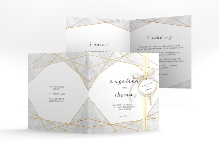 Hochzeitseinladung Asymmetry quadr. Klappkarte grau gold