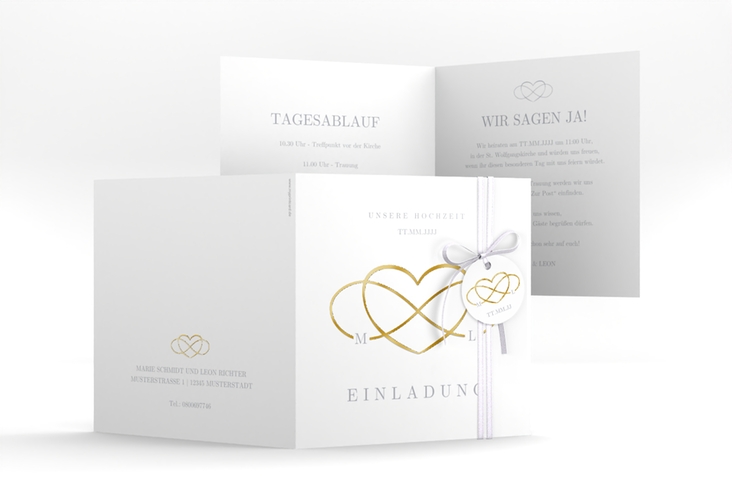 Hochzeitseinladung Infinity quadr. Klappkarte grau gold