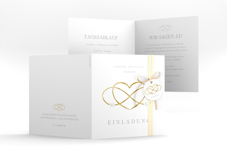 Hochzeitseinladung Infinity quadr. Klappkarte grau gold