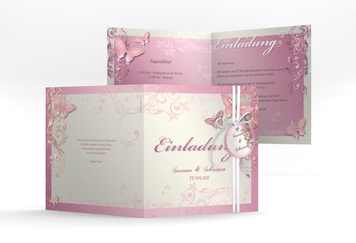 Hochzeitseinladung Toulouse quadr. Klappkarte rosa rosegold romantisch mit Schmetterlingen