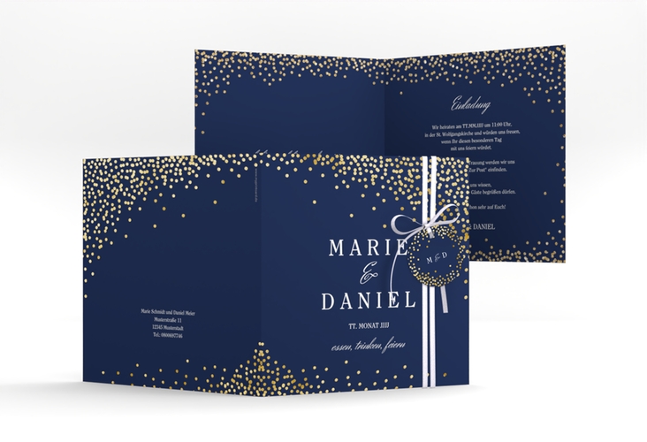 Hochzeitseinladung Glitter quadr. Klappkarte blau gold