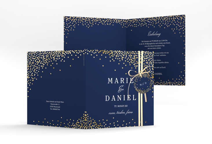 Hochzeitseinladung Glitter quadr. Klappkarte blau gold