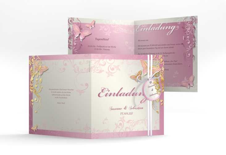 Hochzeitseinladung Toulouse quadr. Klappkarte rosa gold romantisch mit Schmetterlingen
