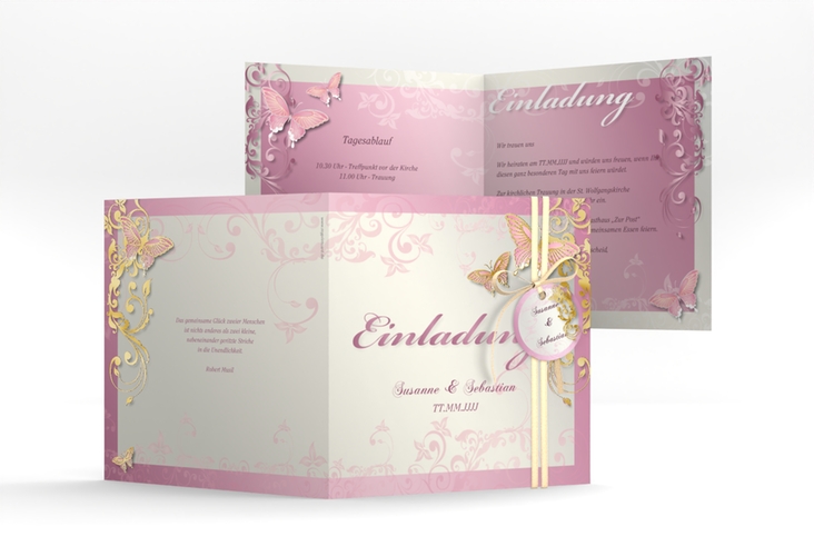 Hochzeitseinladung Toulouse quadr. Klappkarte rosa gold romantisch mit Schmetterlingen