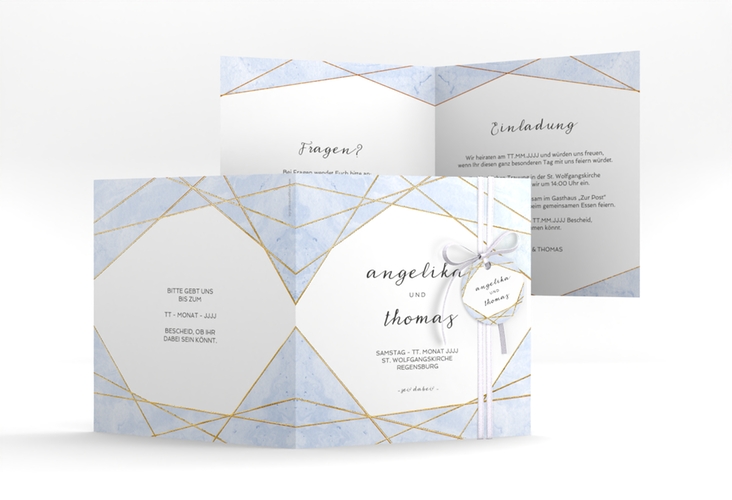 Hochzeitseinladung Asymmetry quadr. Klappkarte blau gold