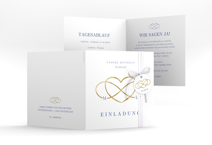 Hochzeitseinladung Infinity quadr. Klappkarte blau gold