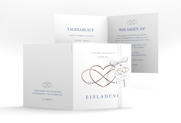 Hochzeitseinladung Infinity quadr. Klappkarte blau rosegold