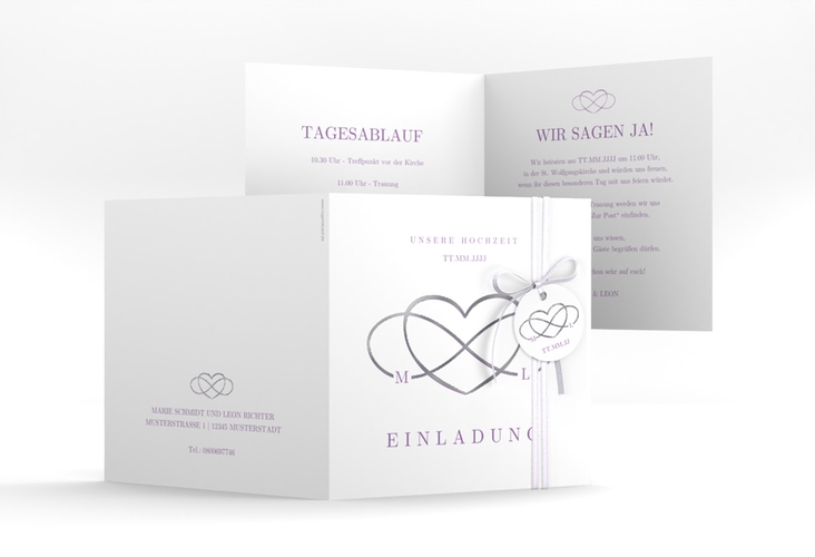 Hochzeitseinladung Infinity quadr. Klappkarte lila silber