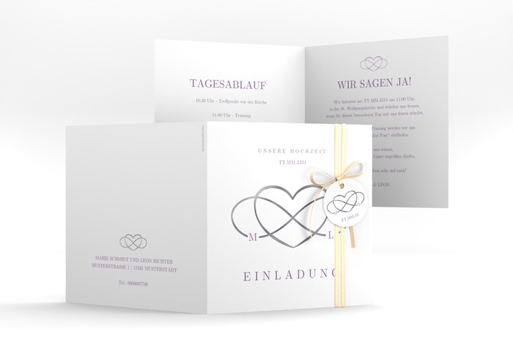 Hochzeitseinladung Infinity quadr. Klappkarte lila silber