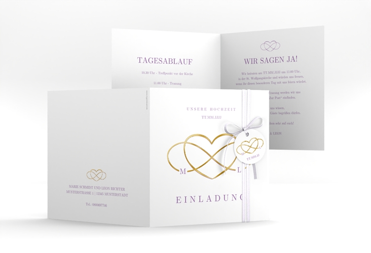 Hochzeitseinladung Infinity quadr. Klappkarte lila gold