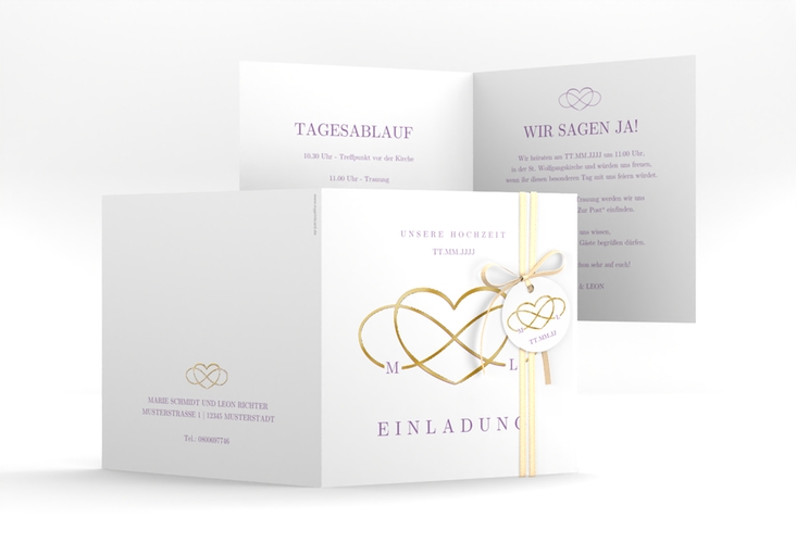 Hochzeitseinladung Infinity quadr. Klappkarte lila gold