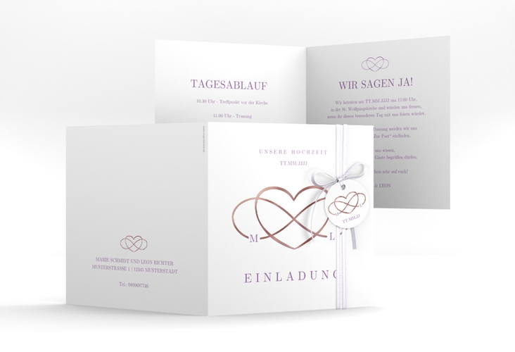 Hochzeitseinladung Infinity quadr. Klappkarte lila rosegold