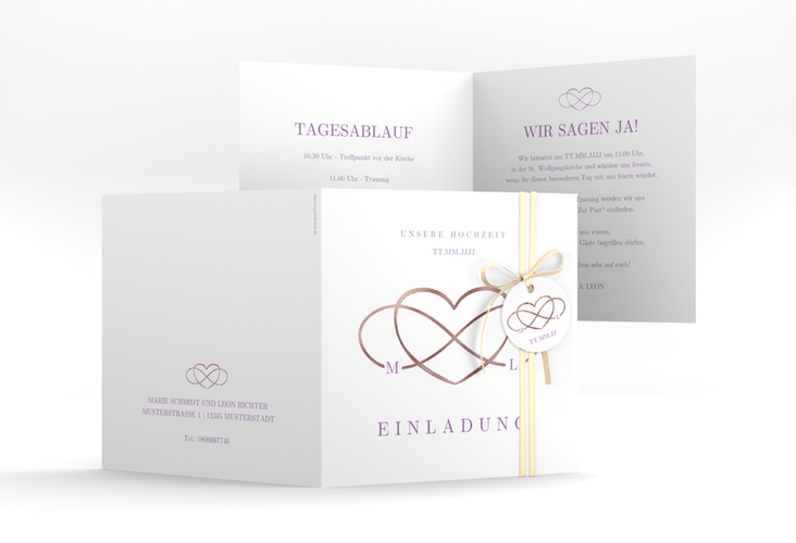 Hochzeitseinladung Infinity quadr. Klappkarte lila rosegold