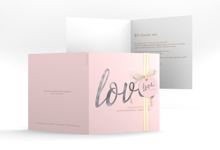 Hochzeitseinladung Glam quadr. Klappkarte rosa silber