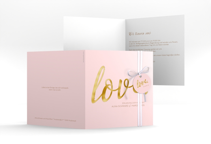 Hochzeitseinladung Glam quadr. Klappkarte rosa gold