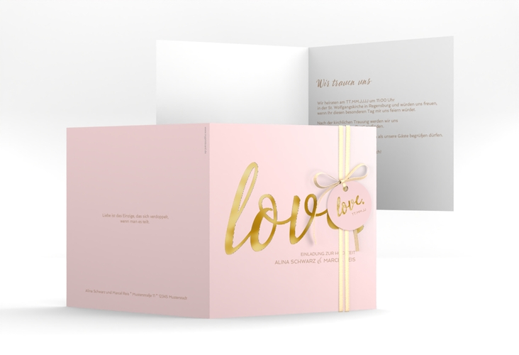 Hochzeitseinladung Glam quadr. Klappkarte rosa gold