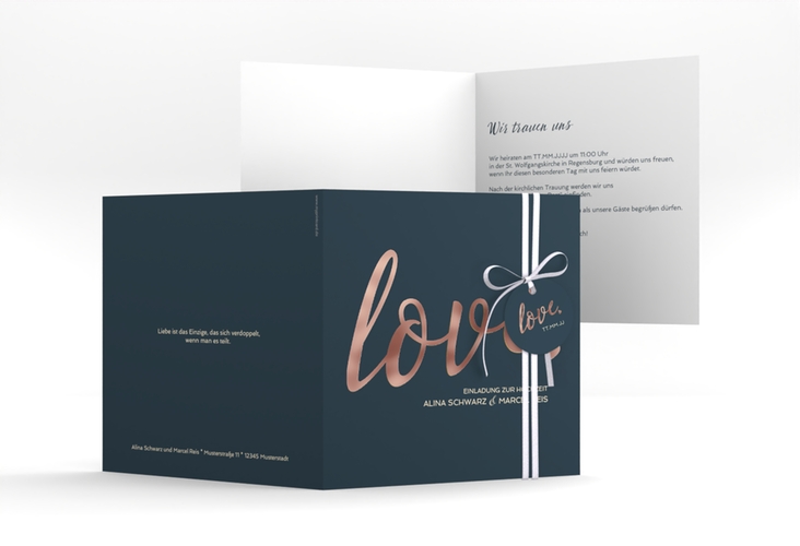 Hochzeitseinladung Glam quadr. Klappkarte blau rosegold