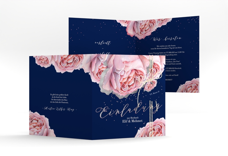 Hochzeitseinladung Cherie quadr. Klappkarte rosa silber