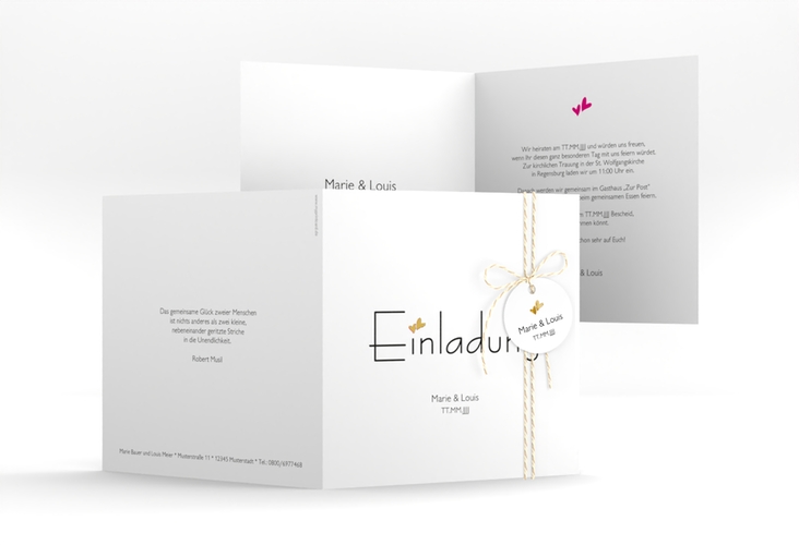 Hochzeitseinladung Twohearts quadr. Klappkarte pink gold