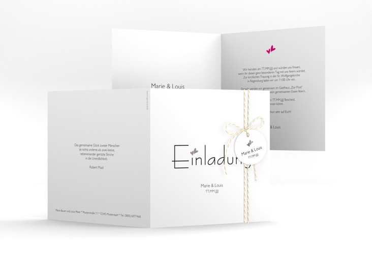Hochzeitseinladung Twohearts quadr. Klappkarte pink silber