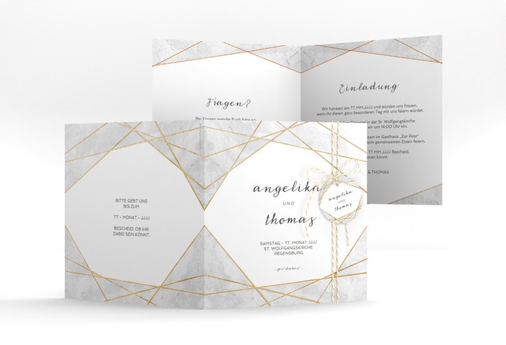 Hochzeitseinladung Asymmetry quadr. Klappkarte grau gold