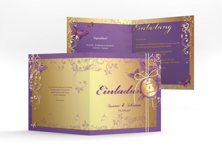 Hochzeitseinladung Toulouse quadr. Klappkarte lila rosegold romantisch mit Schmetterlingen