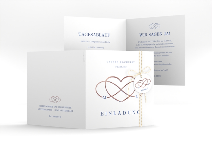 Hochzeitseinladung Infinity quadr. Klappkarte blau rosegold