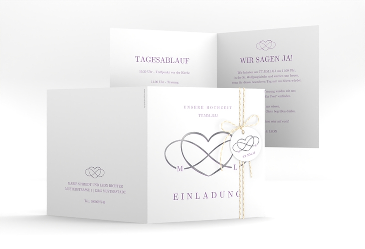 Hochzeitseinladung Infinity quadr. Klappkarte lila silber