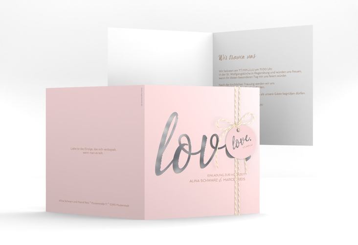 Hochzeitseinladung Glam quadr. Klappkarte rosa silber