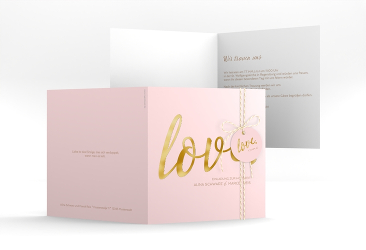 Hochzeitseinladung Glam quadr. Klappkarte rosa gold