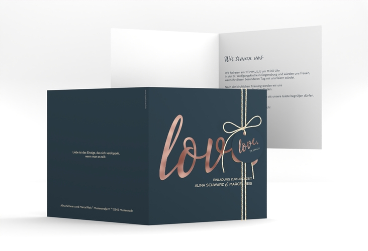 Hochzeitseinladung Glam quadr. Klappkarte blau rosegold