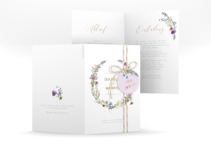 Einladungskarte Hochzeit Blumengarten A6 Klappkarte hoch weiss gold mit Blumenkranz und Hummel