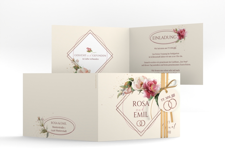 Hochzeitseinladung Rosenbogen A6 Klappkarte quer rosegold