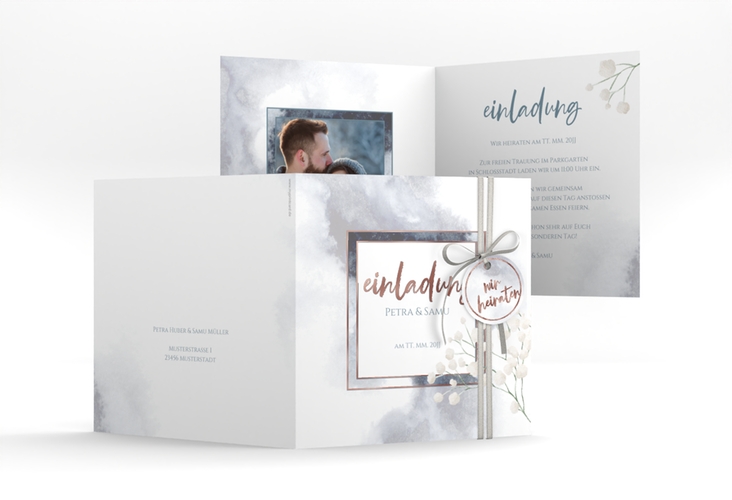 Hochzeitseinladung Winter quadr. Klappkarte blau rosegold mit Schleierkraut