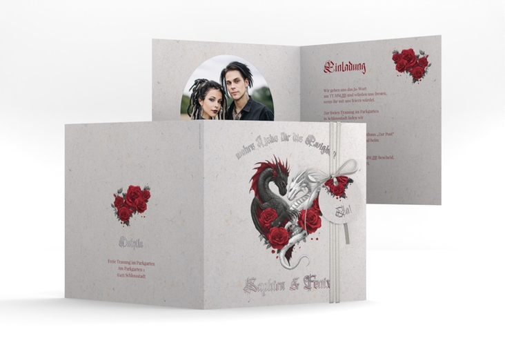 Hochzeitseinladung Drachenliebe quadr. Klappkarte grau silber