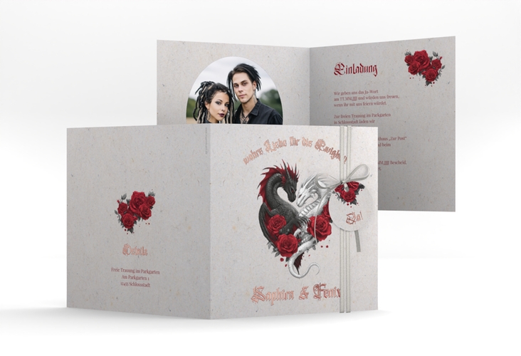 Hochzeitseinladung Drachenliebe quadr. Klappkarte grau rosegold