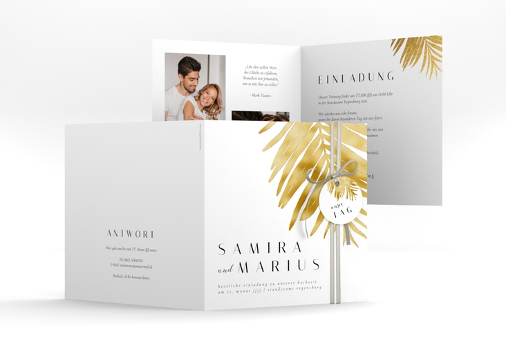 Hochzeitseinladung Palmenblatt quadr. Klappkarte gold gold mit Palmenwedel
