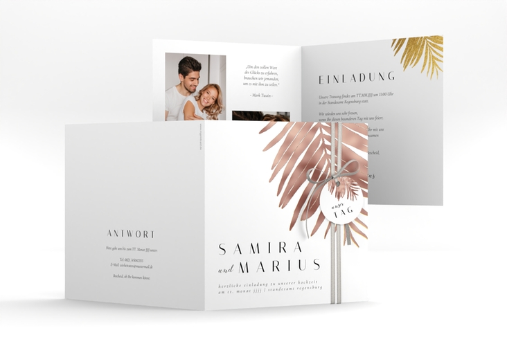 Hochzeitseinladung Palmenblatt quadr. Klappkarte gold rosegold mit Palmenwedel