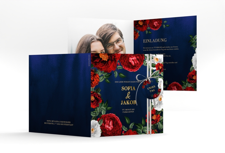 Einladungskarte Hochzeit Florista quadr. Klappkarte blau gold
