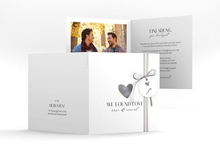 Hochzeitseinladung Liebesbote quadr. Klappkarte bunt silber