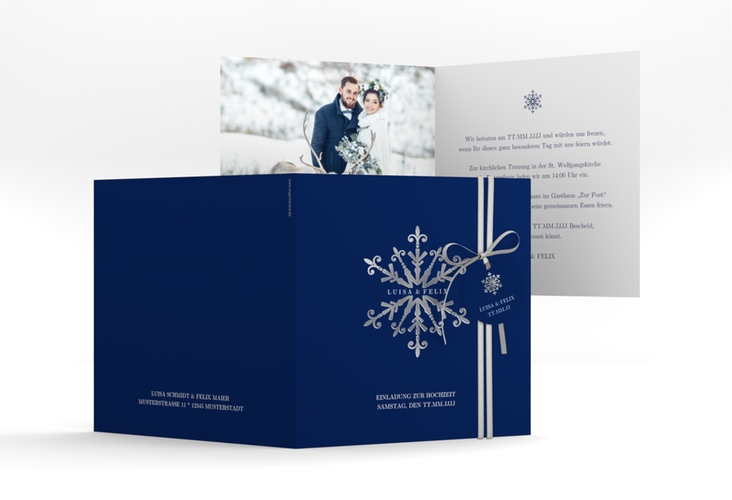 Hochzeitseinladung Crystal quadr. Klappkarte blau silber mit Eiskristall